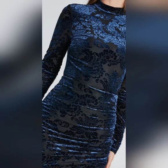 Burnout Velvet Mini Dress Navy - Picture 2 of 4